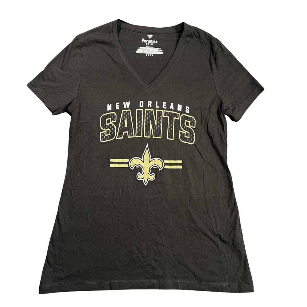 NWOT Fanatics New Orleans Saints Women Small Black VNeck Glitter Graphic T-Shirt